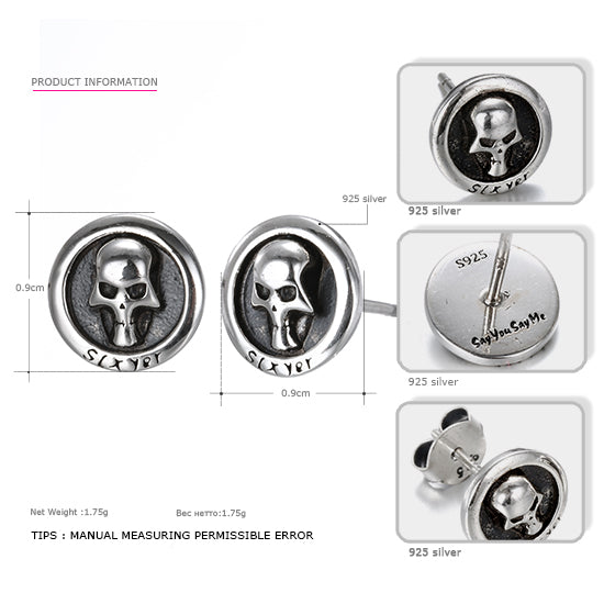 925 Sterling Silver Stud Skull Earrings Vintage Party Unisex Punk Slayer Earrings Wholesale 2020 New Arrival