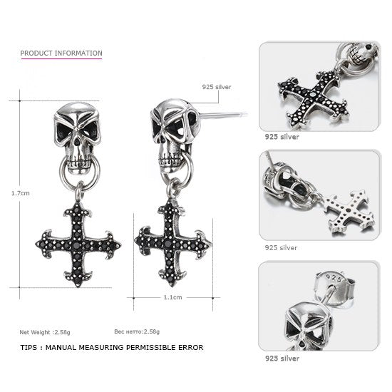 925 Sterling Skull Earrings Wholesale Fashion Black Zircon Cross Earrings Unisex Best Gifts 2020 New Arrival