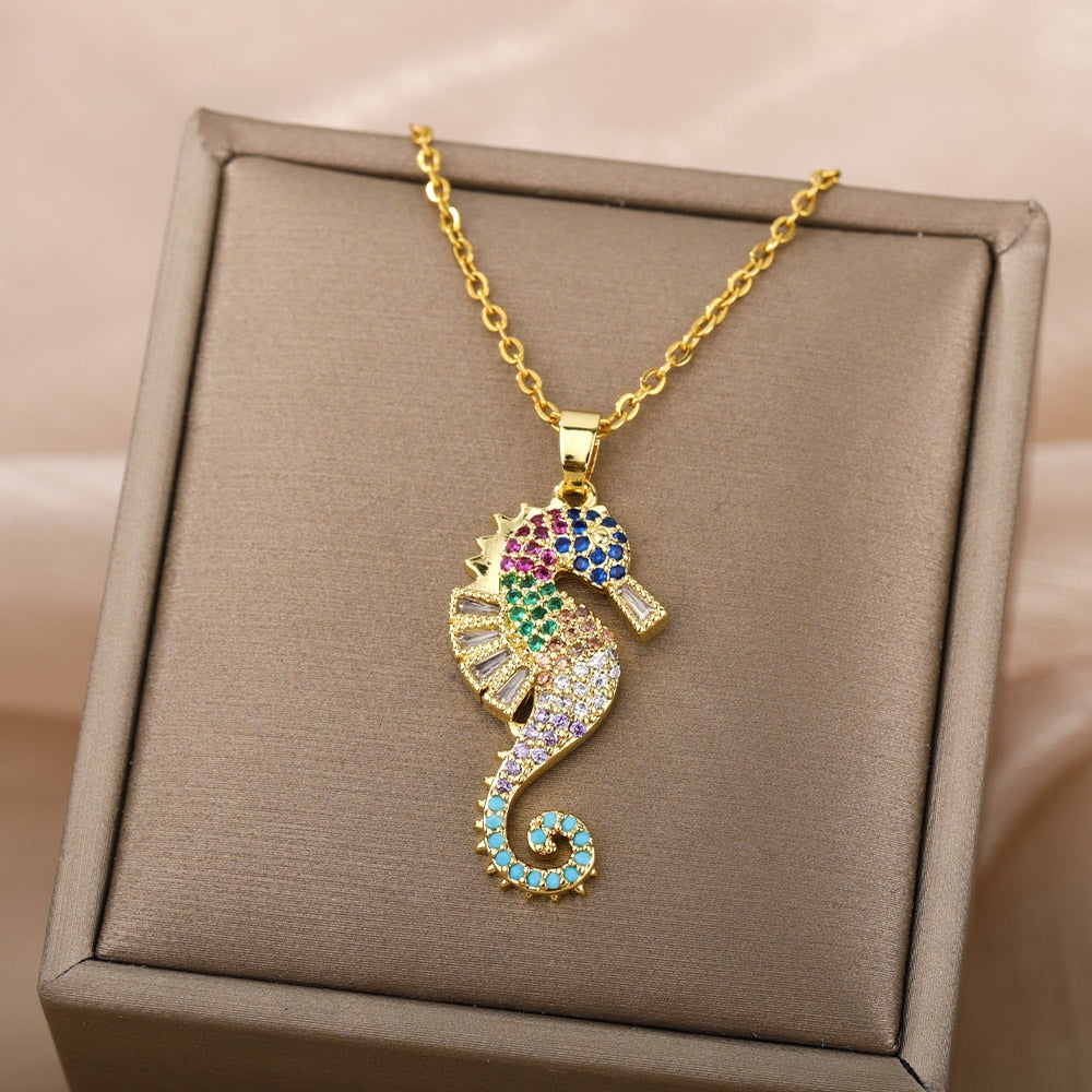 Sea Horse Pendant Necklace For Women Stainless Steel Gold  Color Necklaces 2023 Trend Couple Aesthetic Jewerly collares