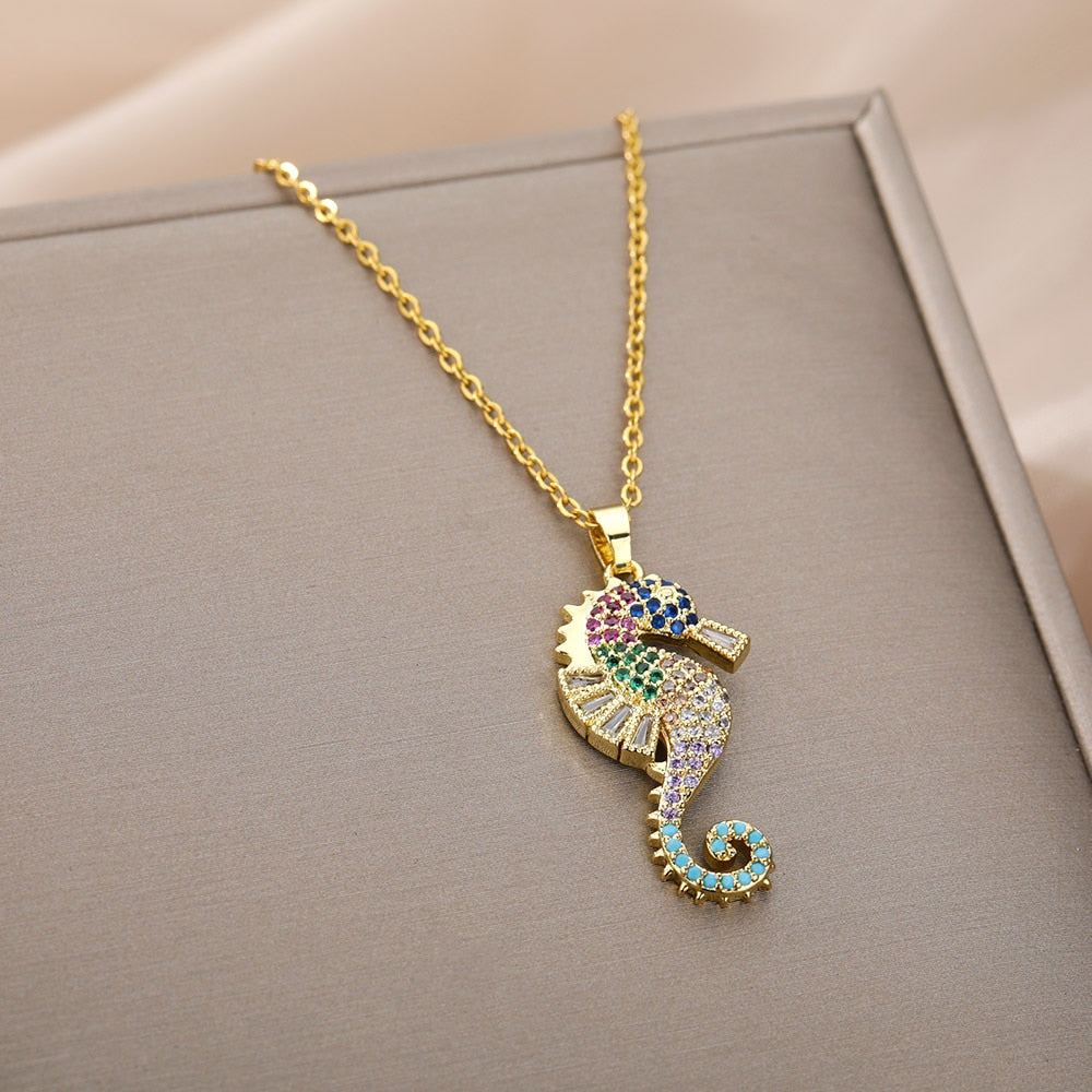 Sea Horse Pendant Necklace For Women Stainless Steel Gold  Color Necklaces 2023 Trend Couple Aesthetic Jewerly collares