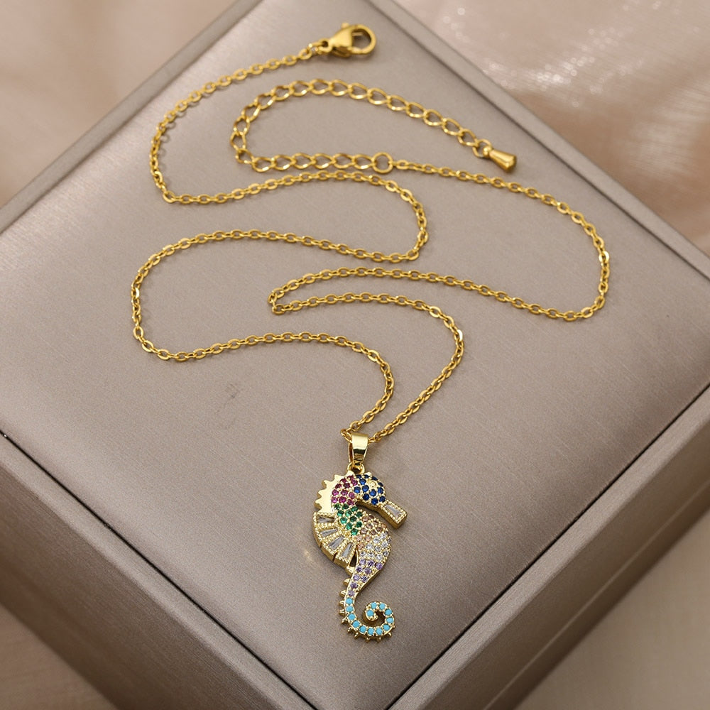 Sea Horse Pendant Necklace For Women Stainless Steel Gold  Color Necklaces 2023 Trend Couple Aesthetic Jewerly collares