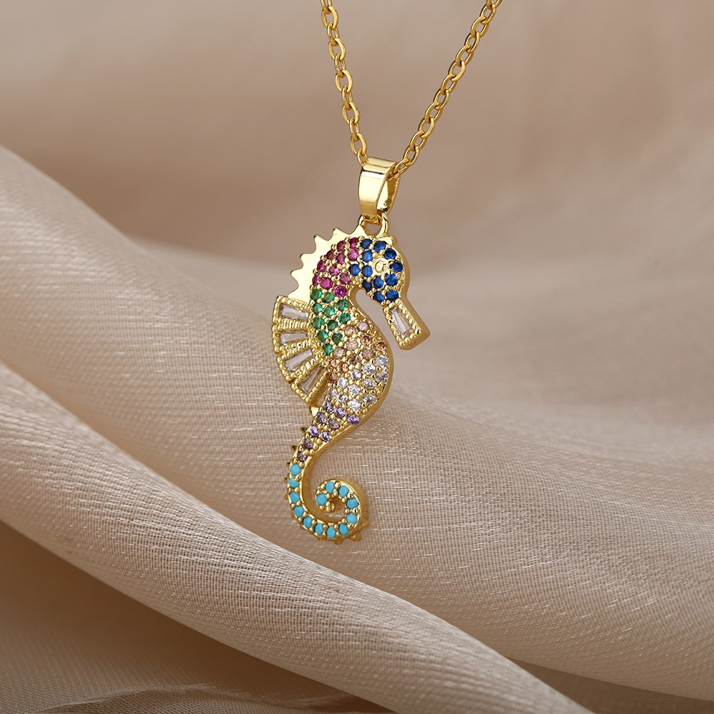 Sea Horse Pendant Necklace For Women Stainless Steel Gold  Color Necklaces 2023 Trend Couple Aesthetic Jewerly collares
