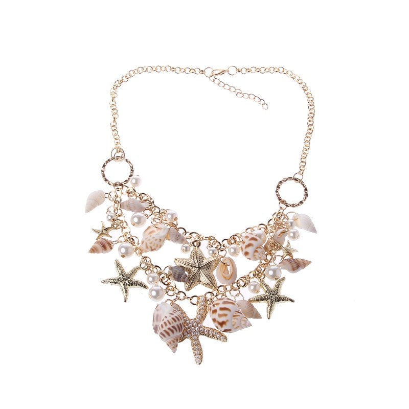 Sea Shell Starfish Faux Pearl Collar Bib Statement Chunky Necklace Pendant Women Trendy Shell Charm