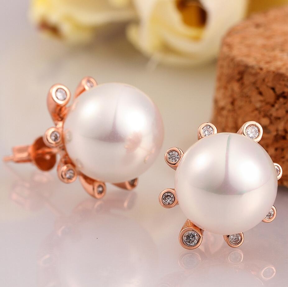 2020 Korean Big Simulated Pearl stud earrings jewelry paved Aurstian CZ zircon rhinestones rose gold color women earrings