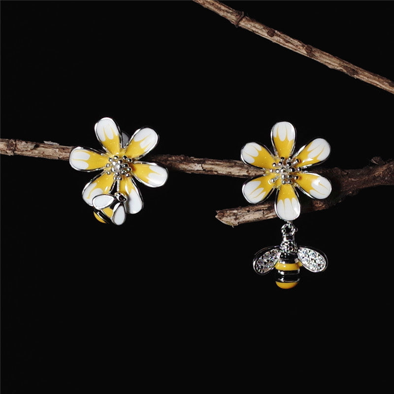 Serling 925 silver flowers bee earrings gold color designer original drop glaze bee stud earrings for women jewelry for charms
