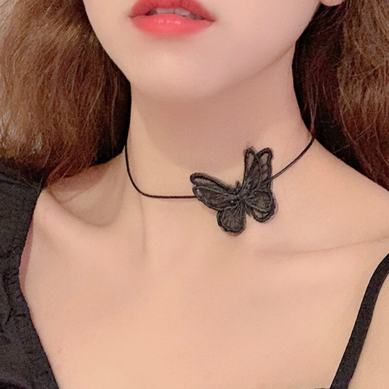Sexy Black Lace Butterfly Necklace Women Glamour Necklace White Transparent Club Party Jewelry Girl Butterfly Necklace