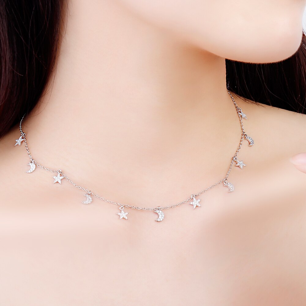 Sexy CZ Moon Star Fine Chokers Necklaces For Women  Multi Charms Crystal Copper Chokers Collares Party Jewelry