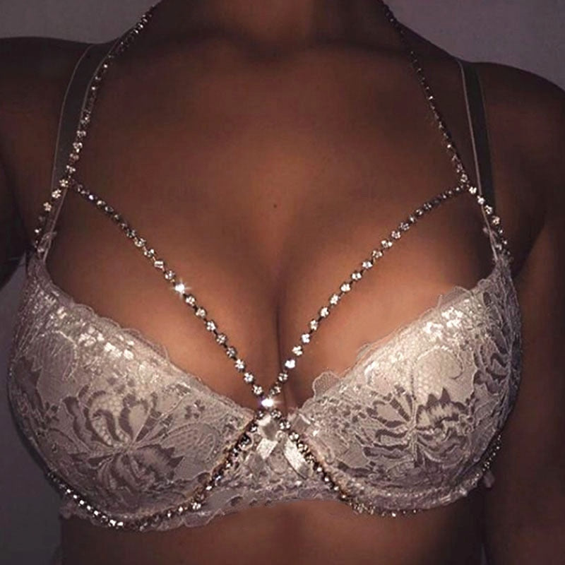 Sexy Crystal Bra Body Chain Bikini Twisted Necklace for Women Rhinestone Cross Belly Body Jewelry Chest Chain Jewelry Accessory