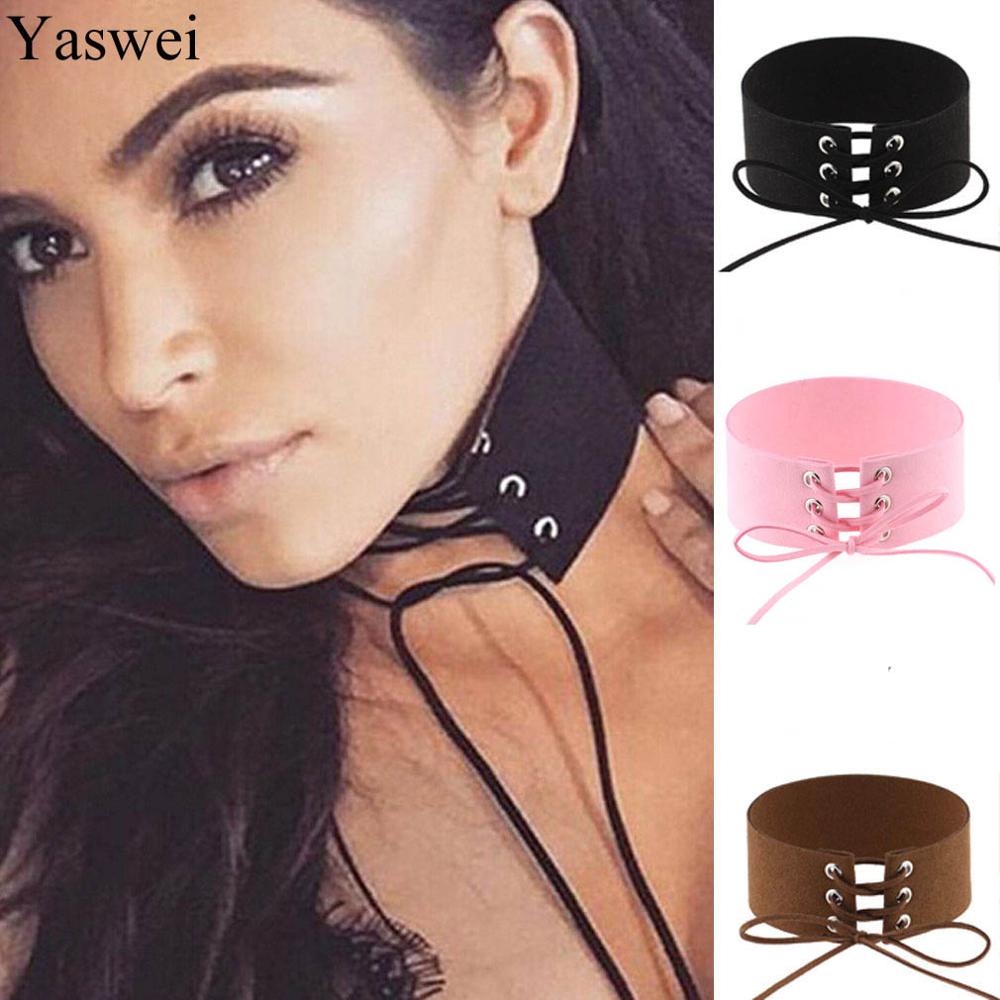 Sexy Harajuku Velvet Leather Wide Choker Necklace for Women Girls Punk Gothic Tied Pink Belt Chokers Jewelry Gift collares