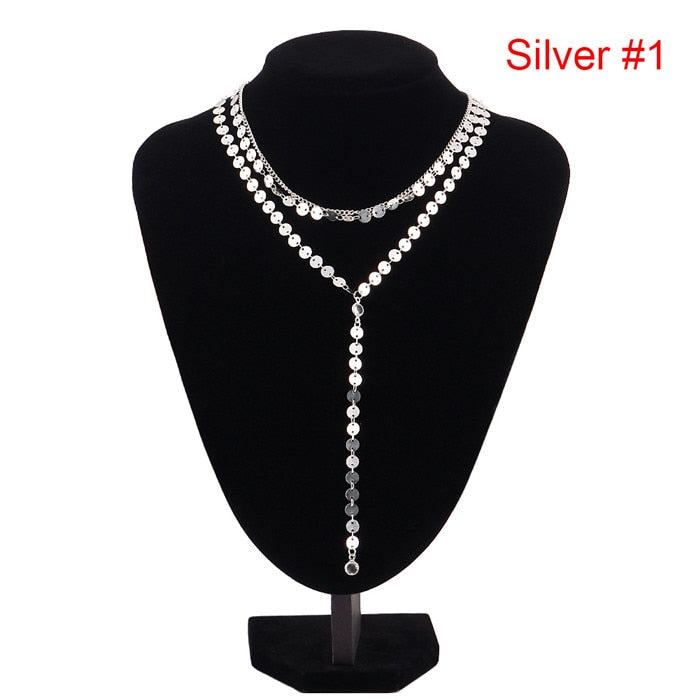 Sexy Multilayer Sequins Rhinestone Tassel Pendants Chain Necklace Choker Collar Women Jewelry #235641