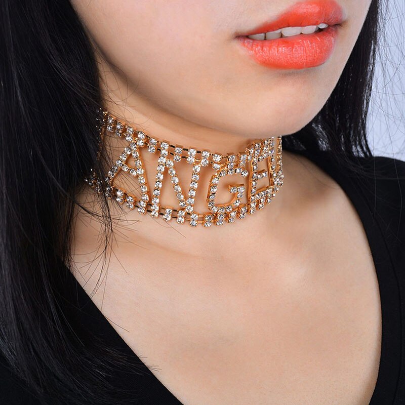 Sexy Punk Exaggerated Shiny Rhinestone Letter Angel Choker Necklace for Women Lady's Neck Chocker Collar Jewelry Night Party