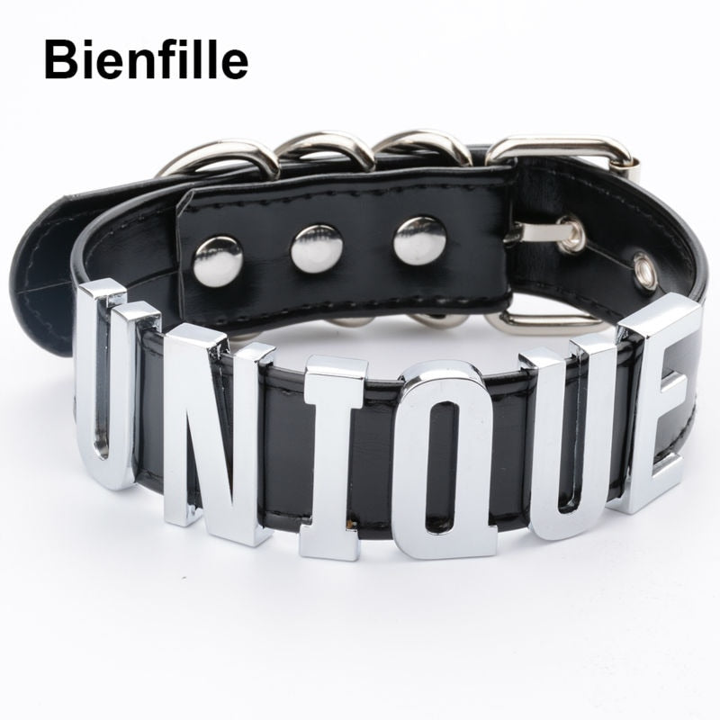 Sexy Unique Choker Gold  Metal Collar Handmade BDSM 35MM Big Words PU Leather Buckle Collar Fetish Necklace Women
