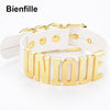 Sexy Unique Choker Gold  Metal Collar Handmade BDSM 35MM Big Words PU Leather Buckle Collar Fetish Necklace Women