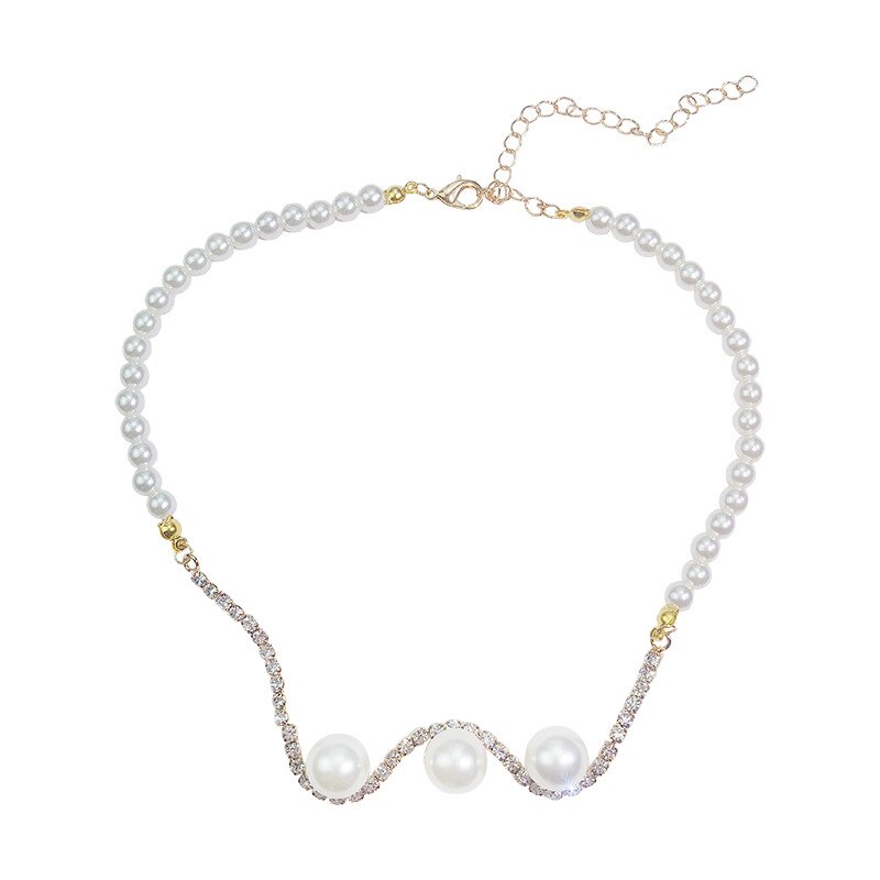 Sexy Wave Simulated Pearl Choker Necklace Women Wedding Trendy Shining Rhinestone Collares Pendants Elegant Birthday Bijoux