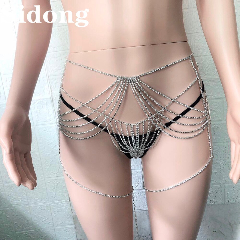 Black Fabric AB Crystal Chain Thong Sexy Panties for Women