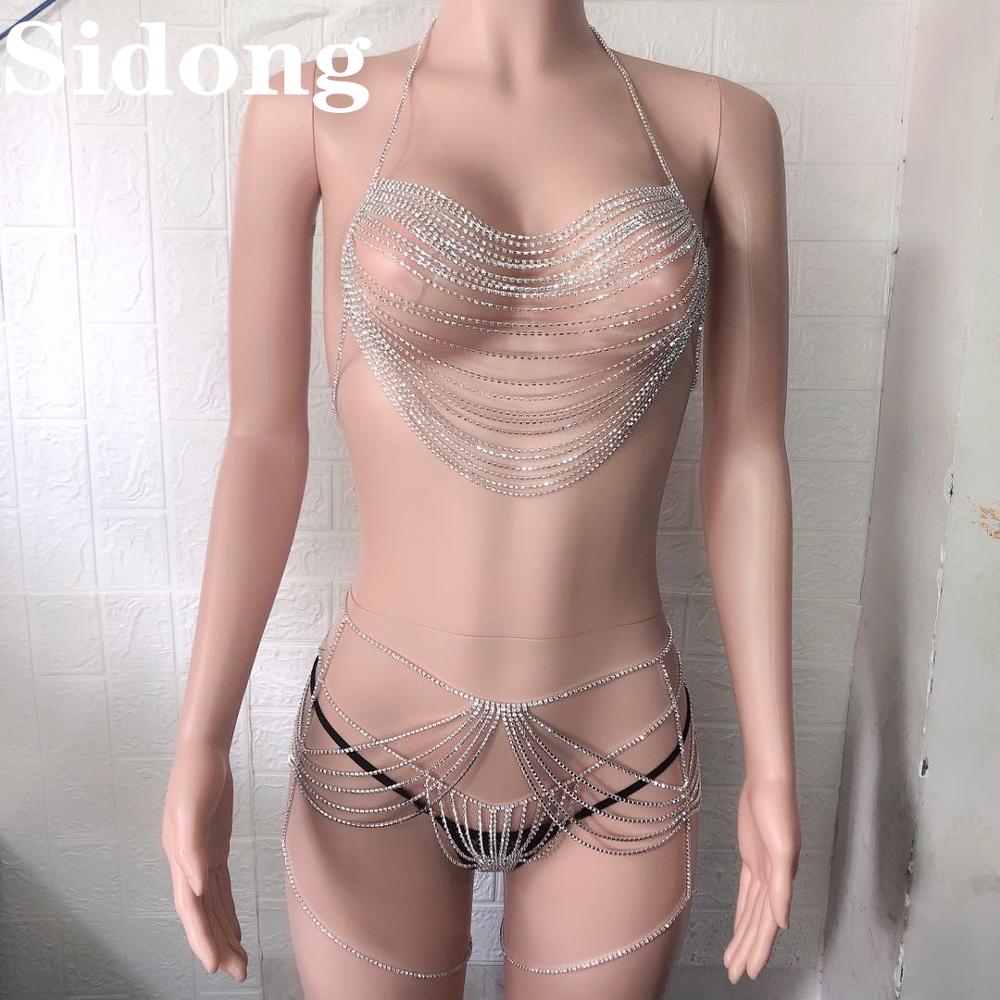 New Tassel Rhinestone Body Chain Bra Thong Women Sexy Bikini Set