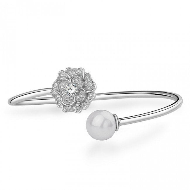 Shell Pearl Rose White Camellia Flower 925 Sterling Silver Adjustable Bangle