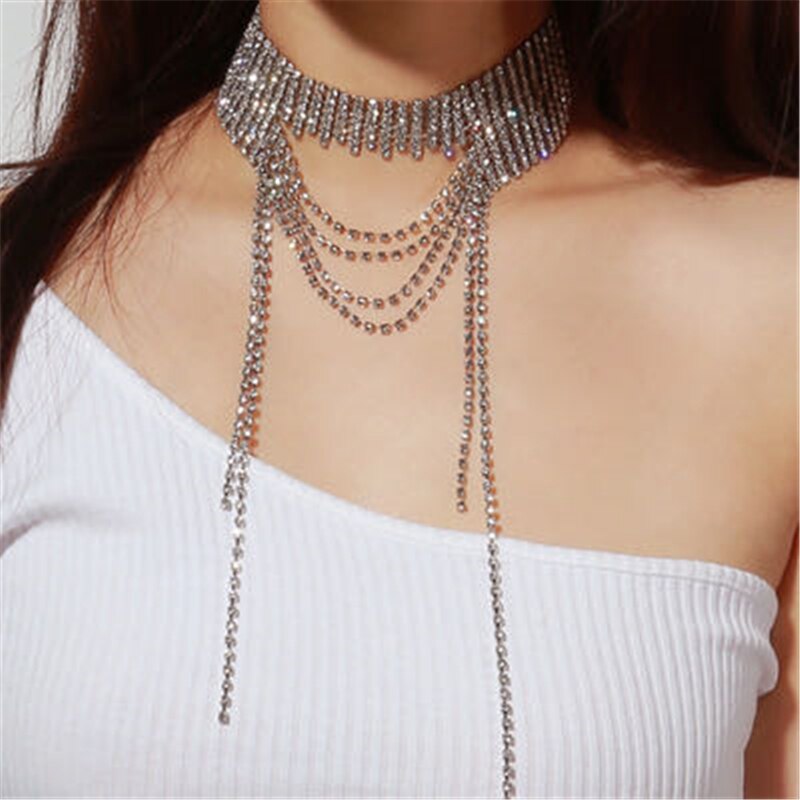 Shine Full Rhinestones Sexy Choker Necklaces for Women Long Tassel Crystal Necklaces Statement Jewelry Trendy Party Gifts