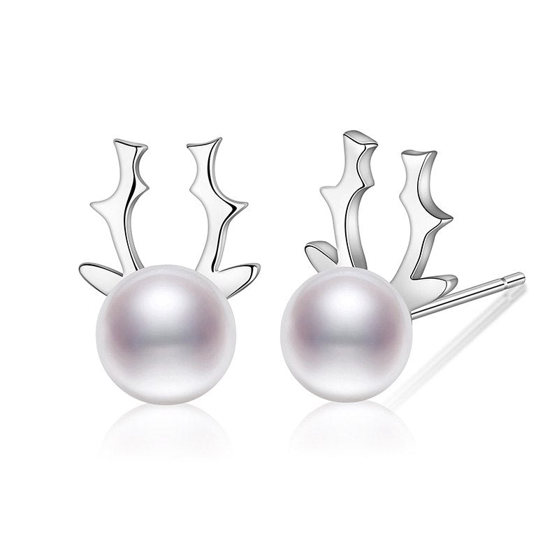 2020 Fashion Buckhorns Antlers Stud Earrings Cute Design Pearls 925 Sterling Silver Fine Earrings for Women