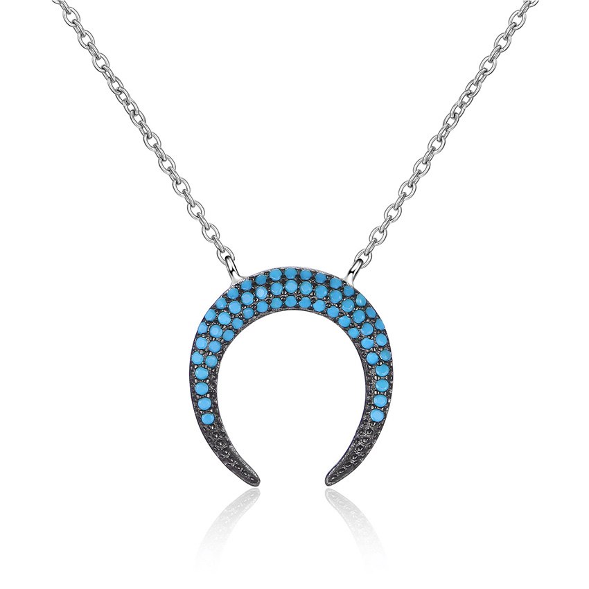 925 Silver Blue Zirconia Crescent Necklaces Pendant Fashion Sterling-Silver-Jewelry Moon Statement Necklace for Women