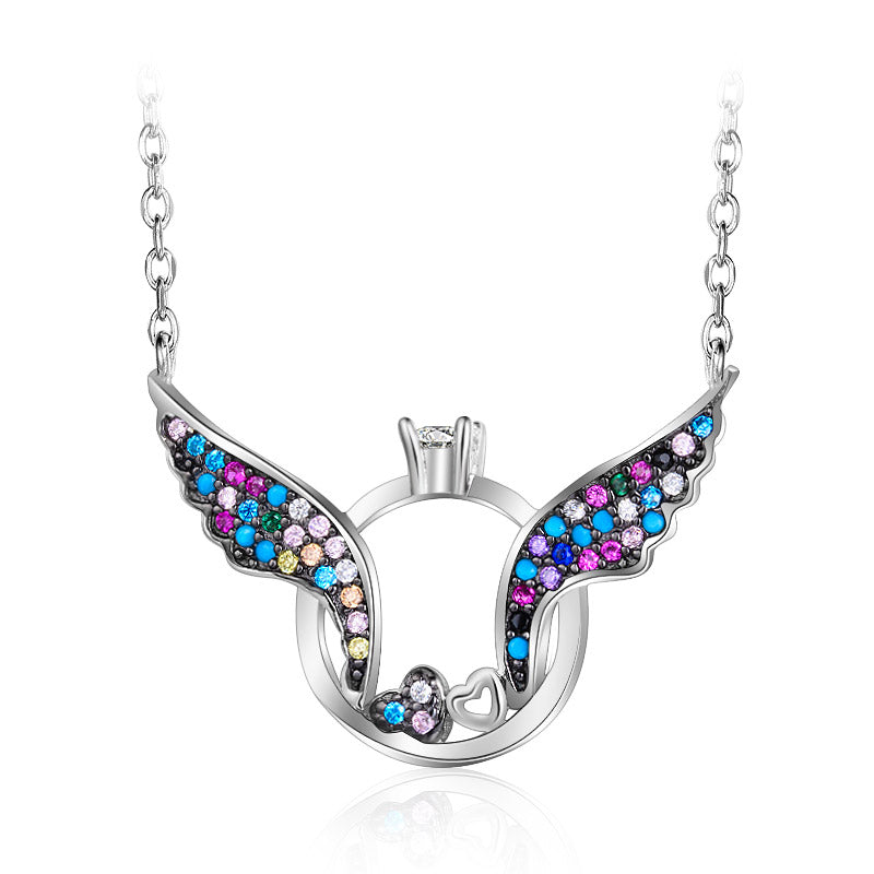 925 Sterling Silver Cubic Zirconia Circle Pendant with Colorful Stone Angel Wing Heart Necklace for Women Fine Jewelry