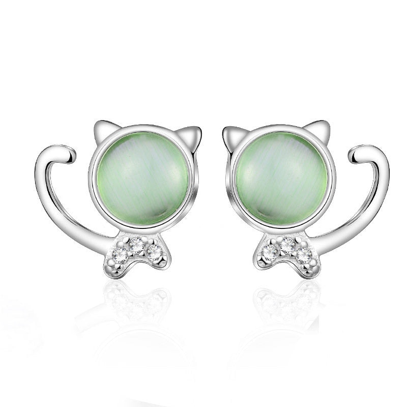 Cute Kitty Stud Earrings 925 Sterling Silver Jewelry Green Opal Cat Design Korean Earrings for Women Lovers Brincos