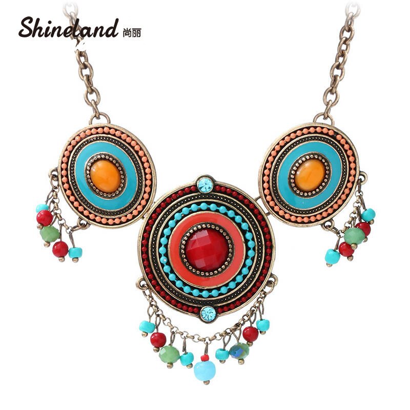 Shineland Ethnic Jewelry Bohemia Multicolor Enamel Rhinestone Choker Necklace Resin Beads Vintage Statement  Necklace For Women