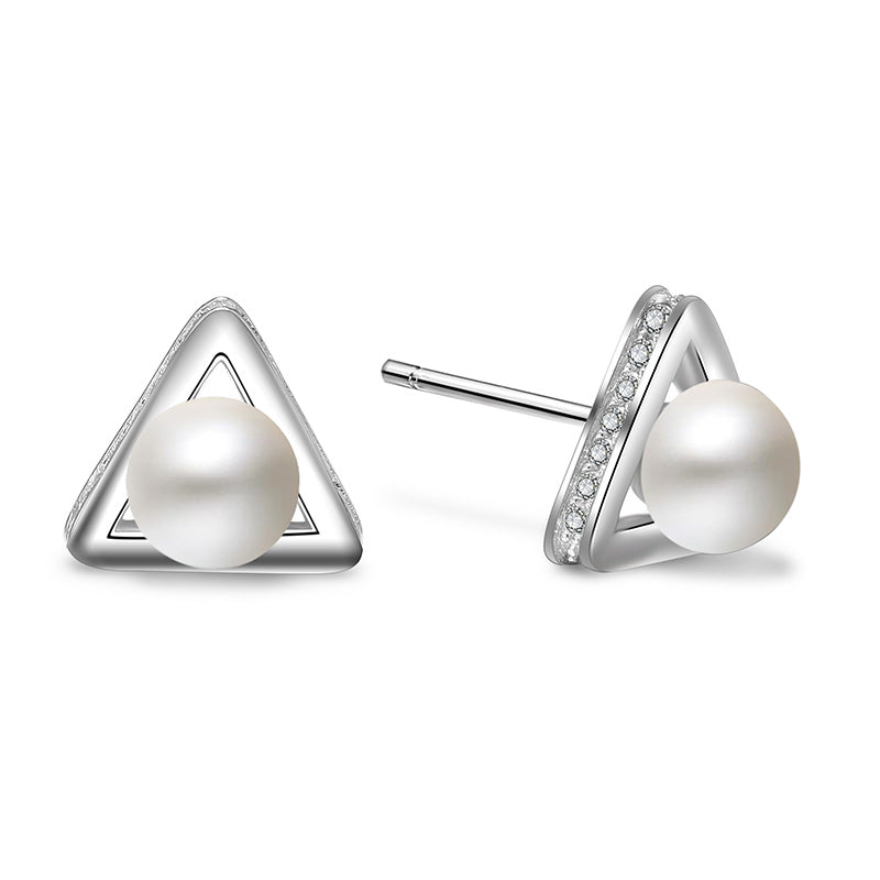 Fashion 925 Sterling Silver Natural Pearl Triangle Stud Earrings for Women Fine Earrings Wedding Jewelry