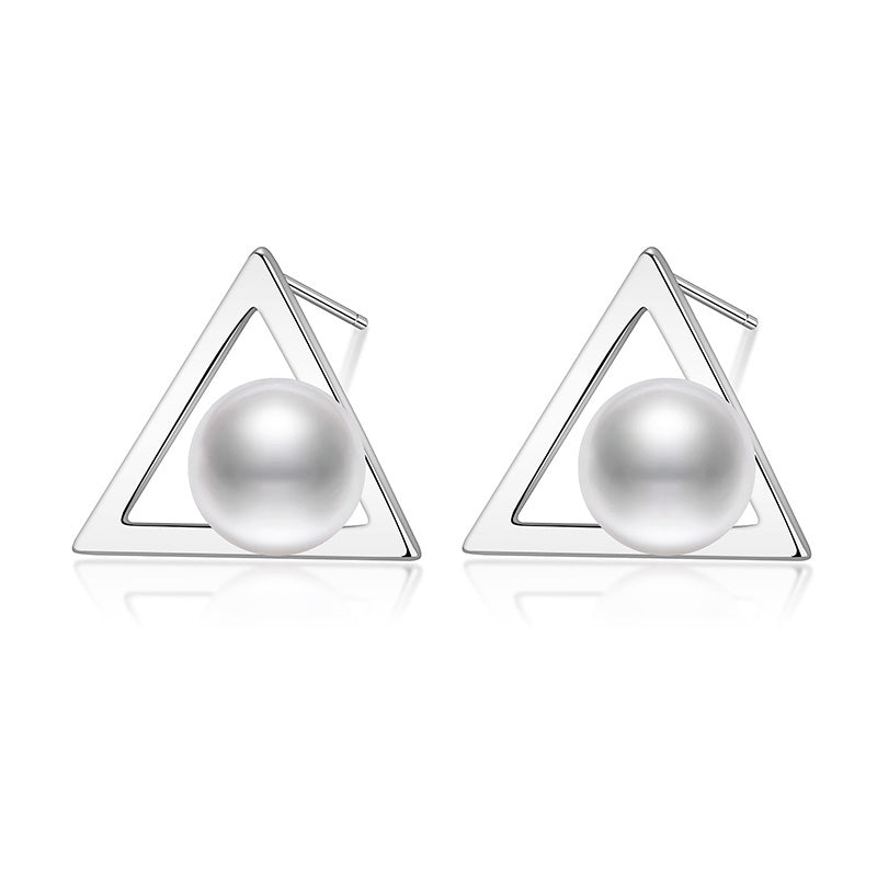 Fashion 925 Sterling Silver Natural Pearl Triangle Stud Earrings for Women Fine Earrings Wedding Jewelry