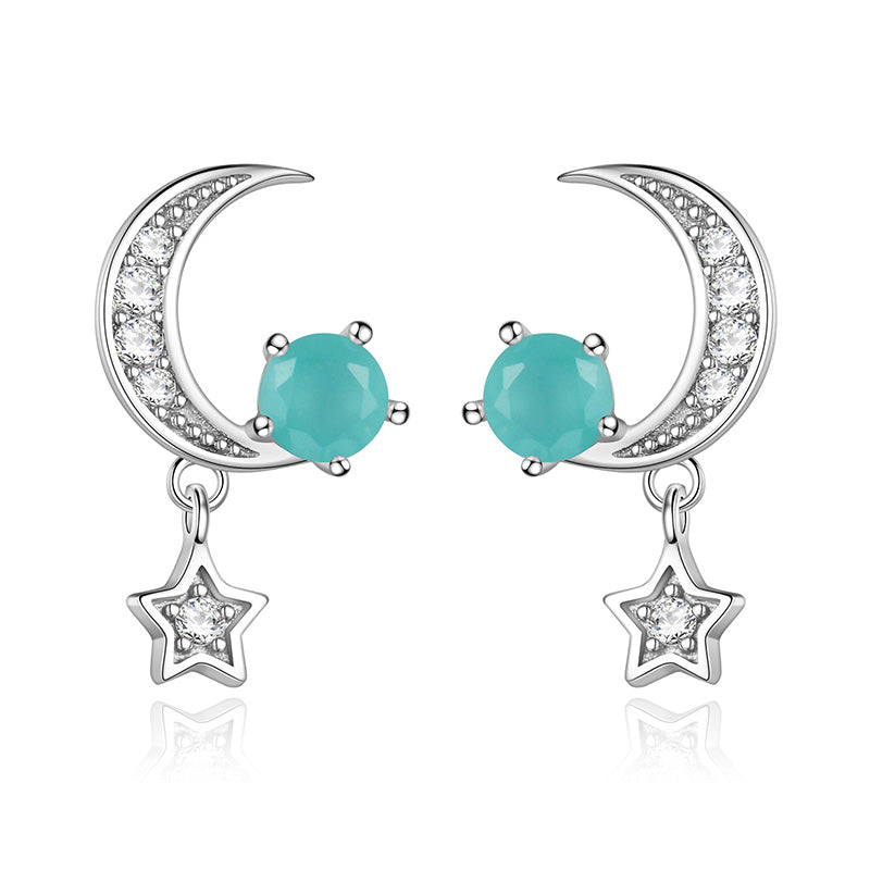 Fashion Exquisite 925 Sterling Silver Dangle Earrings Moon Stars With Sea Opal AAA Zirconia Drop Earrings for Women