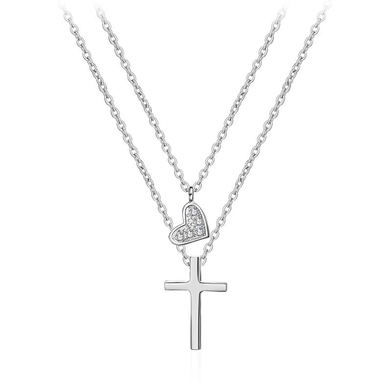 Hot Sale Lady Sweet Zirconia Love Heart Cross Double Pendants Statement Necklace for Women 925 Sterling Silver Jewelry