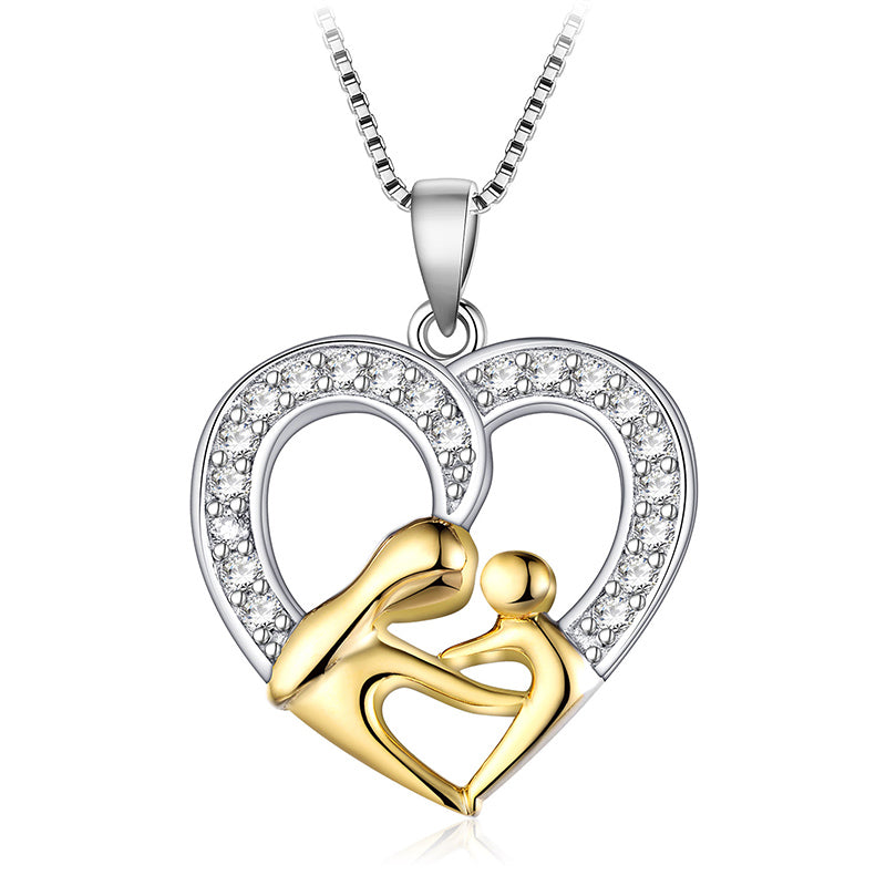 Lovely Mom Hug Baby Necklaces Pendants Cubic Zirconia Heart Shape 925 Sterling Silver Jewelry For Women Mother's Gifts