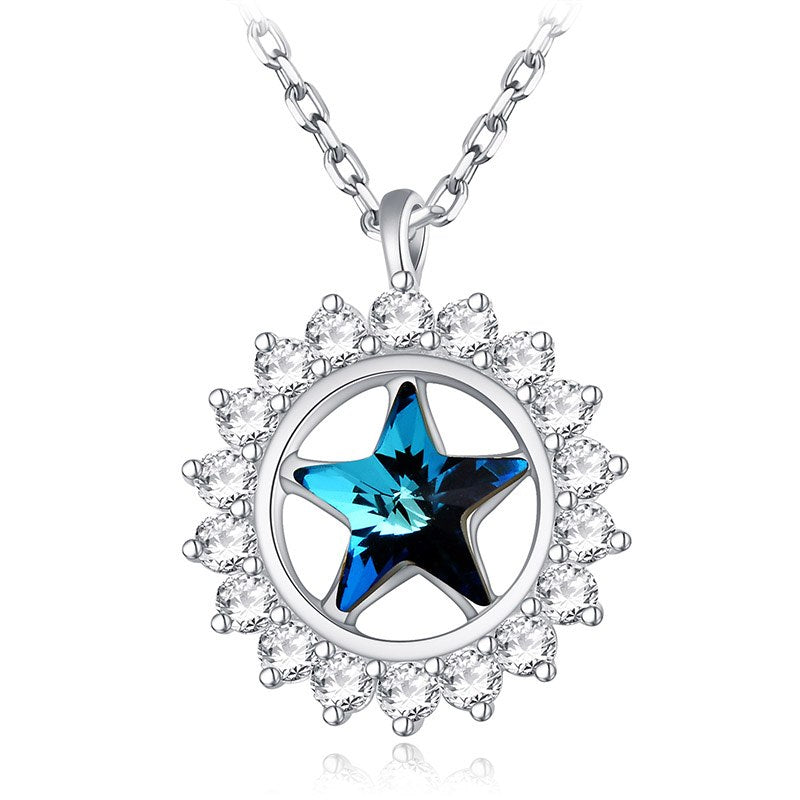 New Charm Sun Blue Stars Zirconia Pendants Necklaces For Women 100% 925 Sterling Silver Jewelry Summer Trendy Collares