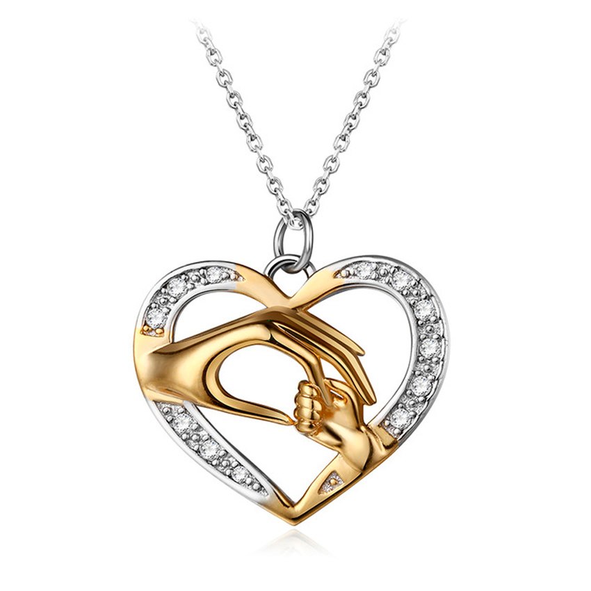 New Trendy 925 Sterling Silver Hand in Hand Heart Love Necklace Mom Loves Baby Pendants Fine Jewelry for Women Collier