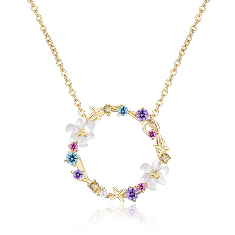 Romantic Colorful Shiny Zirconia Flower Wreath Pendants 925 Sterling Silver Necklaces for Women Love Engagement Gift