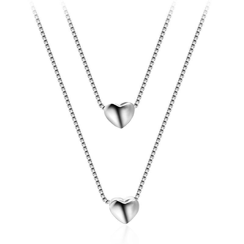 Simple Style 925 Sterling Silver Double Chains Necklaces & Love Heart Pendants Choker Necklaces For Women Fine Jewelry