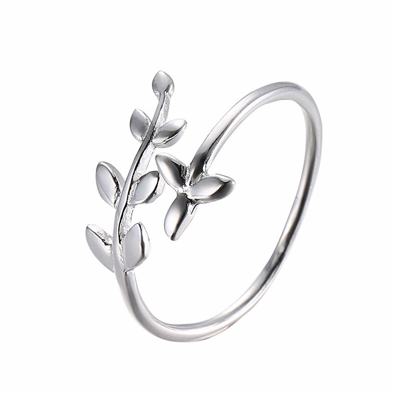 Trendy S925 Sterling Silver Jewelry Asymmetrical Olive Branch Open Rings for Women Leaf Leaves Adjustable Finger Rings