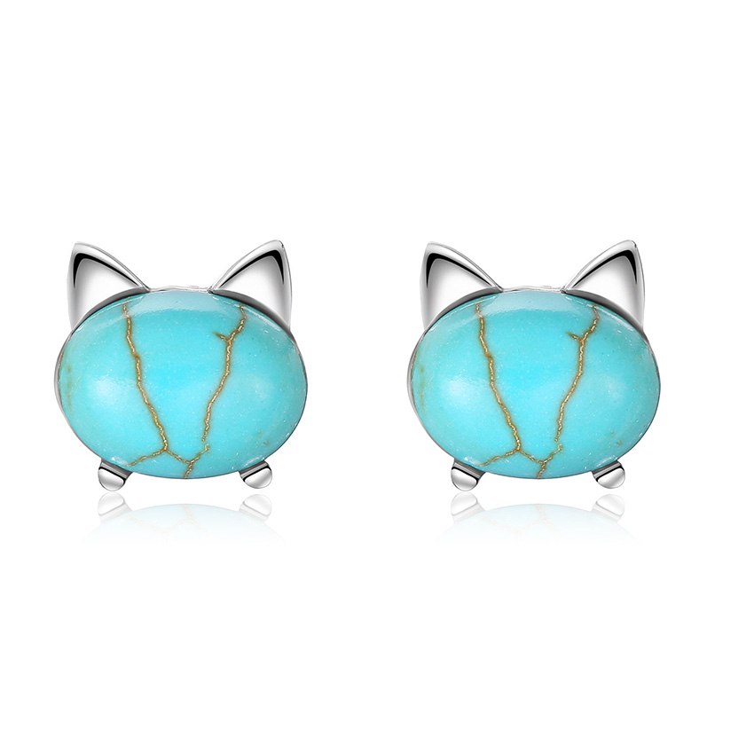 Turquoise Stud Earrings 925 Sterling Silver Jewelry Cute Cartoon Cat Earrings For Women&Girls Korean Earring 2020 Gift