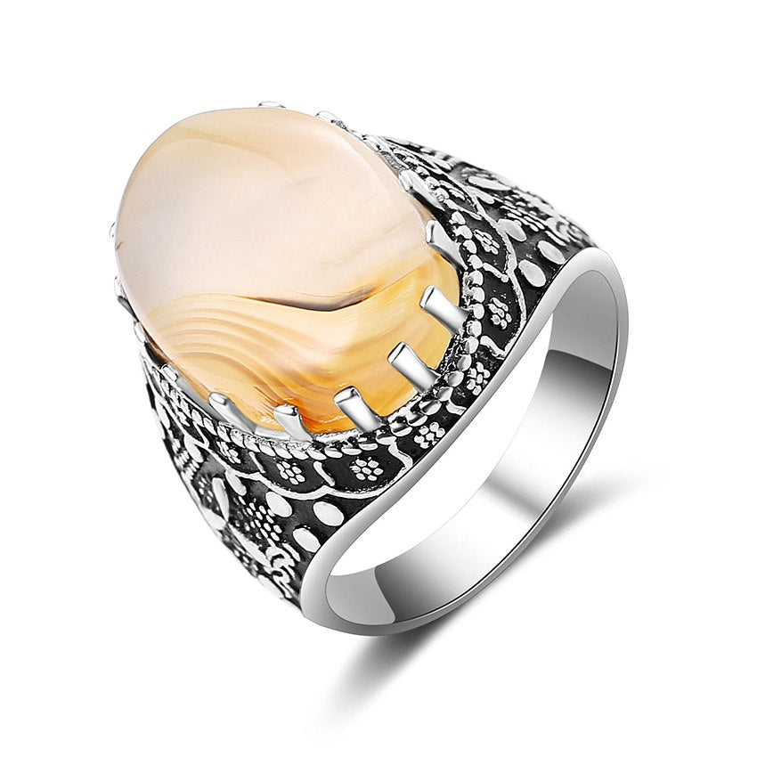 Vintage 925 Sterling Silver Charm Ring Luxury Big Oval Engraved Flower Finger Ring Jewelry For Men Women Wedding Gifts