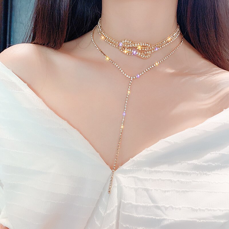 Shining Entanglement tassels Choker Necklaces for women long Full Rhinestone Jewelry Crystal  Bar Nightclub DJ Party Gift
