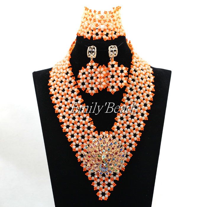 Shinny Nigerian Traditional Wedding African Beads Jewelry Set White Bridesmaid Women Choker Necklace Set Free shipping ALJ643