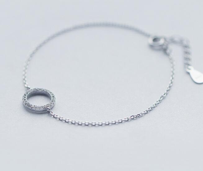 Shinny real. 925 sterling silver jewelry clear white CZ AAA+ stone set Lucky Circle Round Chain Bracelet charm GTLS350