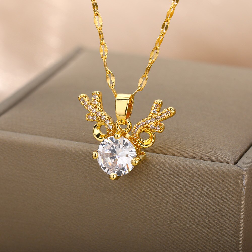 Shiny Crystal Antler Deer Pendant Necklace For Women Girls Vintage Necklaces Korean Style Couple Jewelry Christmas Gift colar