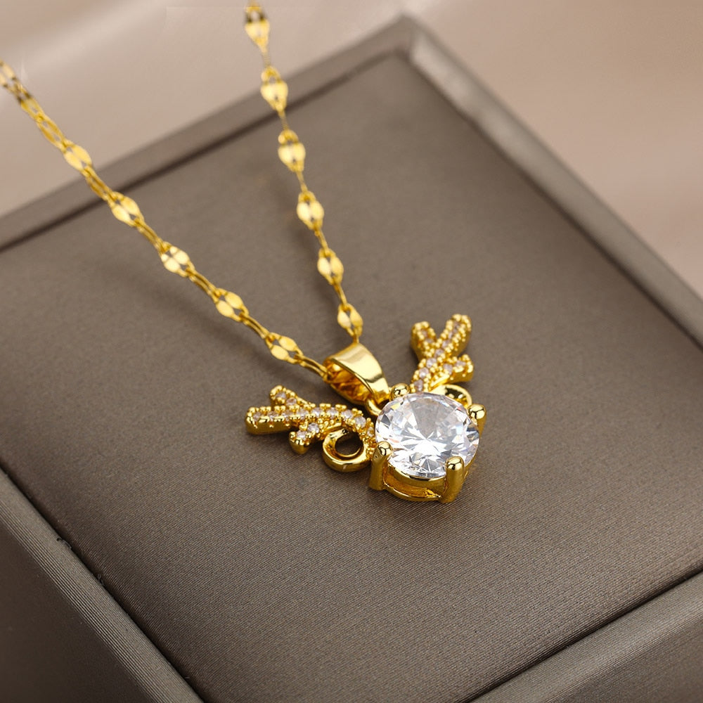Shiny Crystal Antler Deer Pendant Necklace For Women Girls Vintage Necklaces Korean Style Couple Jewelry Christmas Gift colar