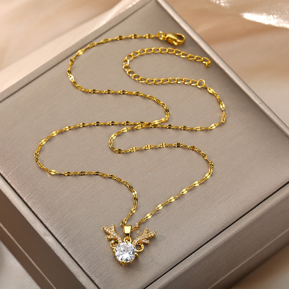Shiny Crystal Antler Deer Pendant Necklace For Women Girls Vintage Necklaces Korean Style Couple Jewelry Christmas Gift colar