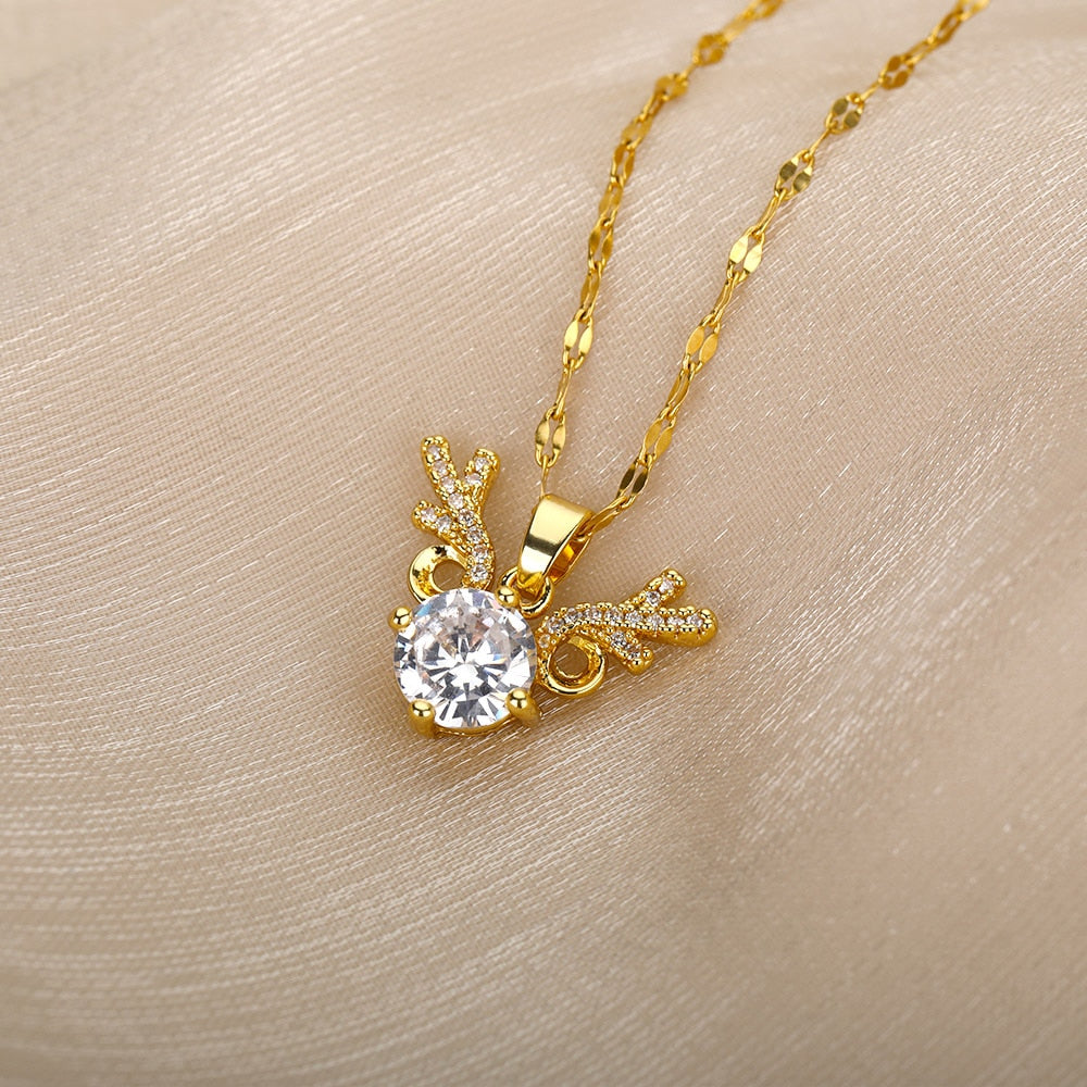 Shiny Crystal Antler Deer Pendant Necklace For Women Girls Vintage Necklaces Korean Style Couple Jewelry Christmas Gift colar