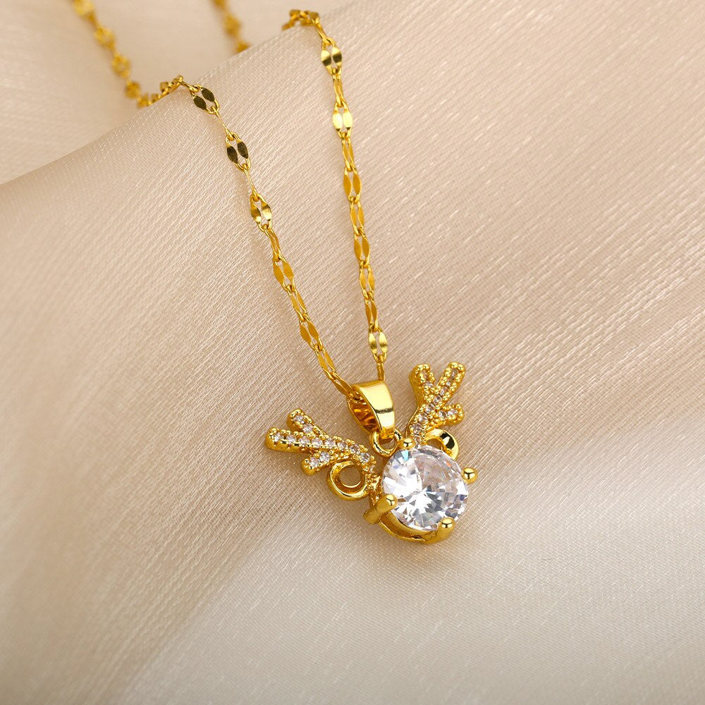 Shiny Crystal Antler Deer Pendant Necklace For Women Girls Vintage Necklaces Korean Style Couple Jewelry Christmas Gift colar