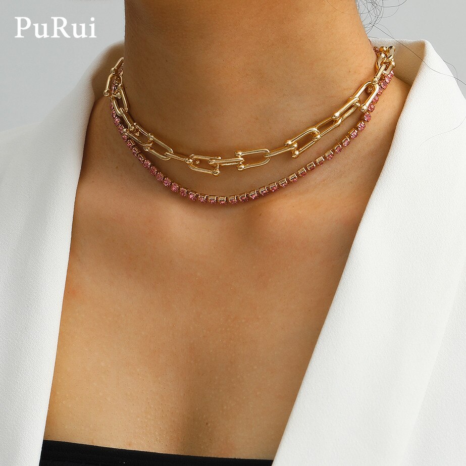 Shiny Crystal Chain Necklace for Women Gold Color Punk Hiphop Cuban U Shape Chain Choker Necklace Collar Jewelry