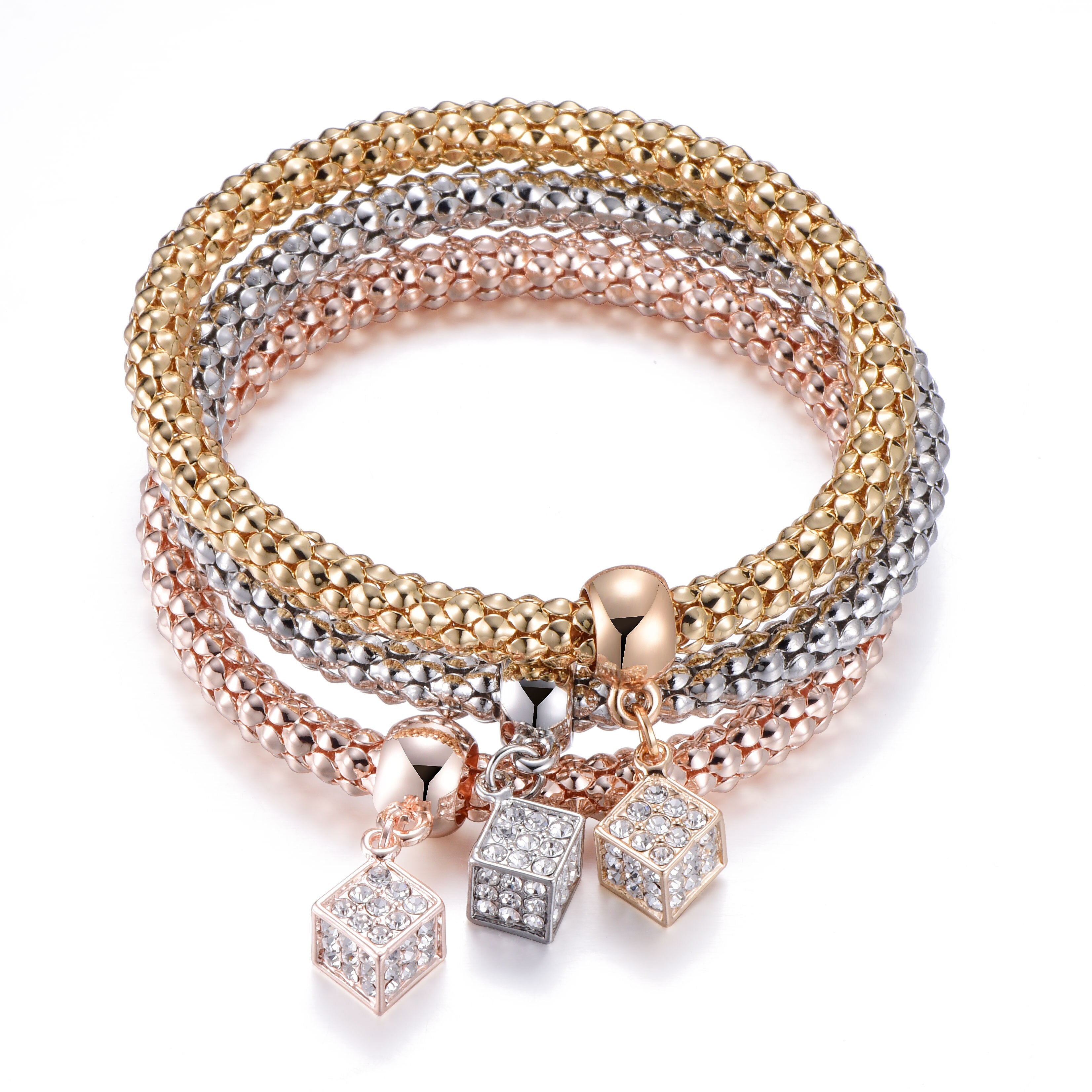 Shiny Crystal Cube Bracelet For Women 3pcs/set Mix Color Crystal Gold Silvery Elastic Popcorn Chain Jewelry Gift