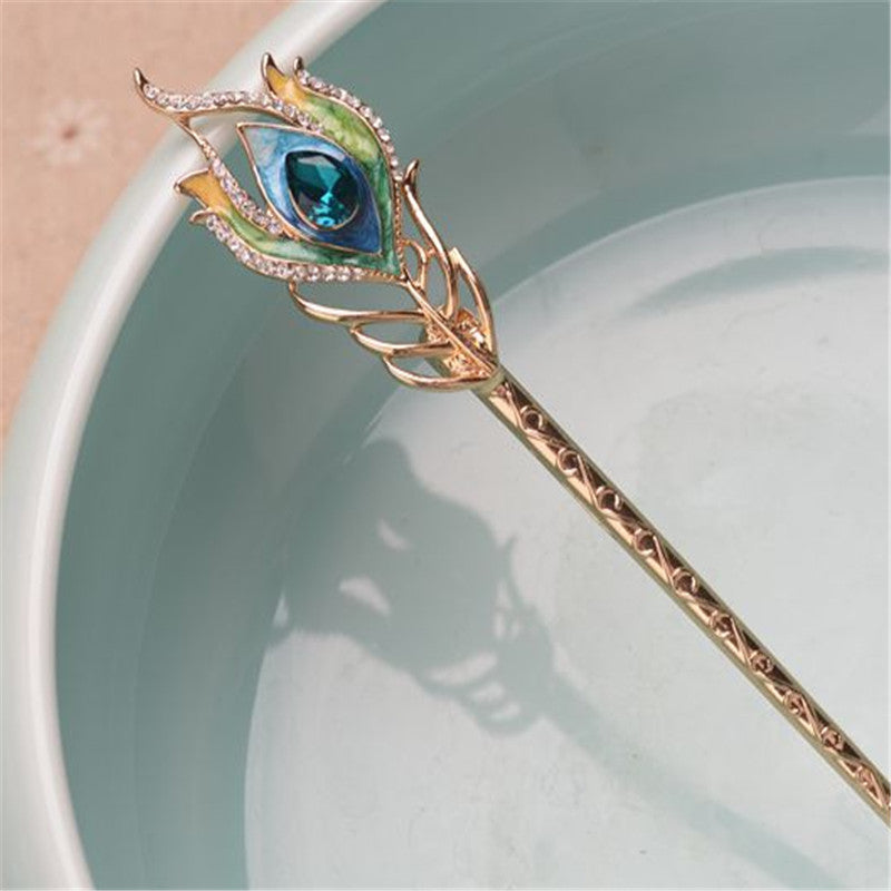 Shiny Gold Crystal Hairpins Bride Peacock Hair Sticks Queen Enamel Jewelry Romantic Headdress Hair Fork Wedding Hair Accessories